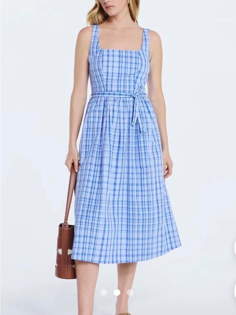 Blue Plaid Square-Neck Midi Dress